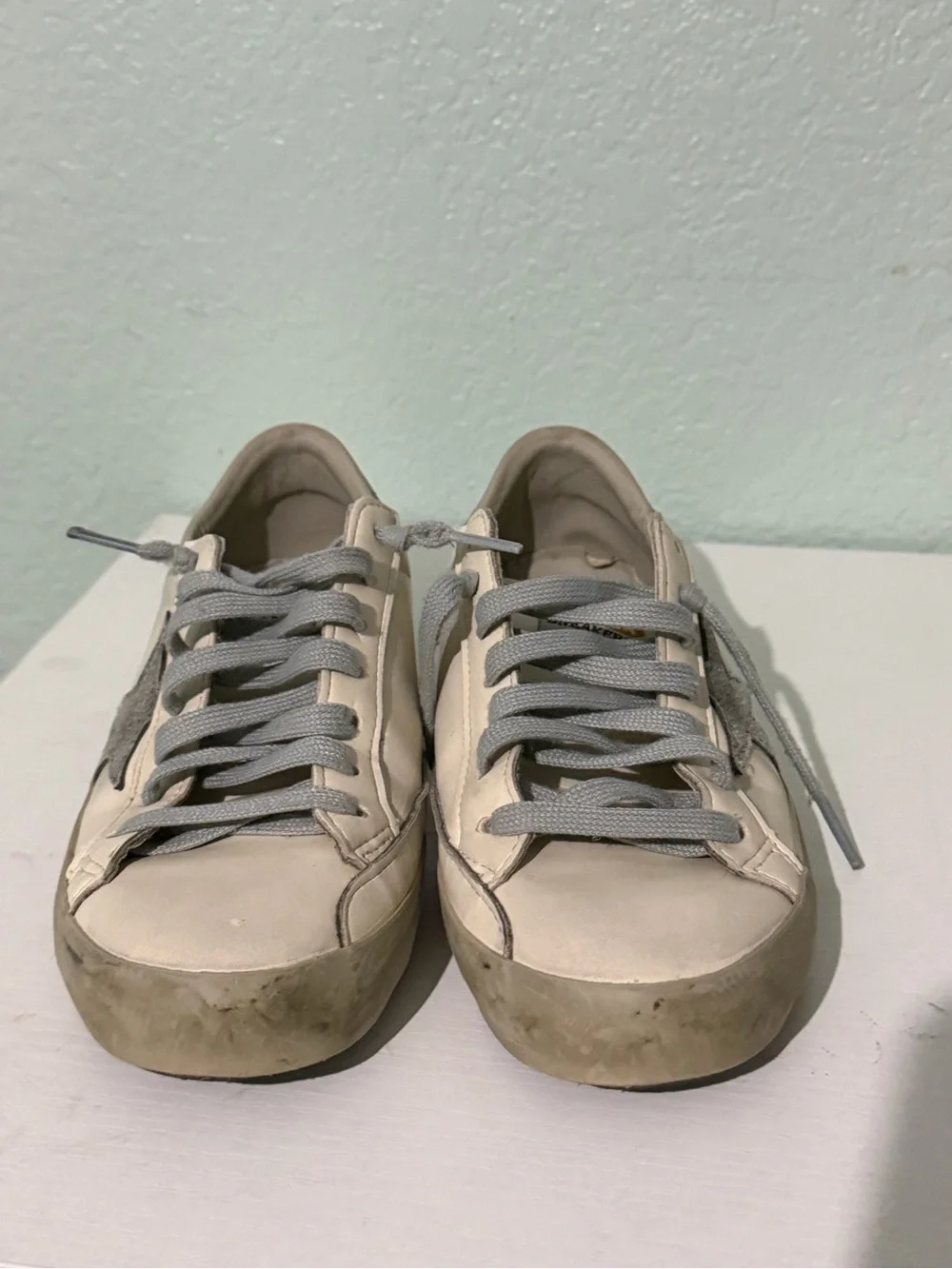 Golden Goose White Leather Sneakers with Green Heel and Gray Star - Picture 5 of 13